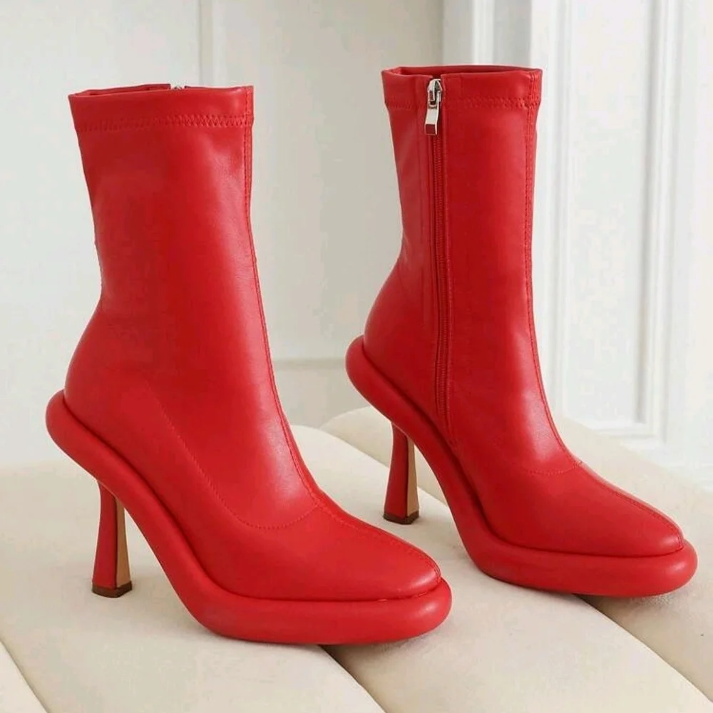 Red Sculpted Heel Sock Boots - Women's Fashion Booties - Picture 2 of 4